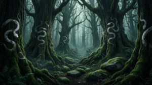 En mystisk skog med Slytherin-elementer skjult i naturen. — Slytherin-estetikk Bakgrunner