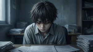 En trist anime-gutt overveldet ved et skrivebord. — Trist anime GIF Bakgrunner