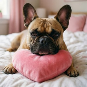 Søt fransk bulldog med en hjerteformet pute, kjærlig og øm bakgrunn. — Pixel Watch 4 Bakgrunner