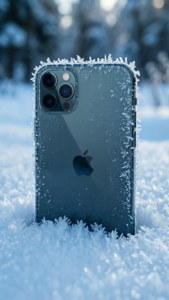 iPhone 11 Pro Max begravd i snø med frostdetaljer og vinterbakgrunn.