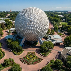 Luftperspektiv av Epcot-kulen og den omkringliggende parklandskapet. — Pixel Watch 4 Bakgrunner