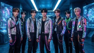 En cyberpunk-inspirert Kpop-guttegruppe i futuristisk setting. — Kpop-GIF Bakgrunner