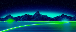 Synthwave-kunst av neonblått og grønt landskap bakgrunnsbilde. — 3440x1440 Bakgrunner