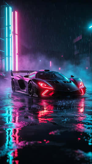 hyperbil,superbil,dører,røyk,lilla,cyan,neon,lys,himmel,storm,skyer,futuristisk,konsept,luksus,eksklusiv,design,bilteknologi,refleksjon,våt