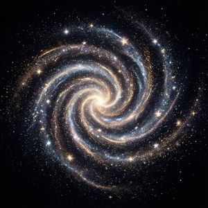 En spiralgalakseform laget av glitrende magisk støv og stjerner på svart bakgrunn, kosmisk og elegant. — Motorola Razr 2026 Bakgrunner