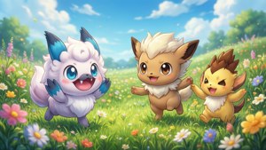 Søtt bakgrunnsbilde med Pokemon fra Galar-regionen som leker.