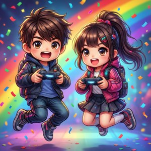 Søt chibi-gutte- og jentegamer som hopper med kontrollere — Tecno Phantom V Flip2 Bakgrunner