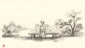 Fredelig,Stille,Asiatisk,Bakgrunn,Minimalistisk,Illustrasjon,Natur,Natur 4k,Naturkjærlighet,Naturskjønnhet,Zen,Kvinne,Hund,Hundekunst,Kunst,Landskap,Maleri,Tradisjonell — Hund Bakgrunner