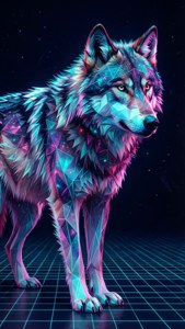 En lavpoly galakseulv med neongeometriske mønstre står på et synthwave-rutenett. — iPhone 6 Bakgrunner