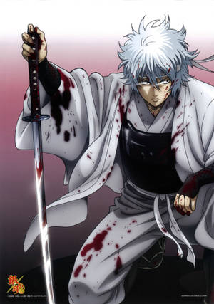 Gintama blodig Gintoki halvt knelende på gulvet bakgrunnsbilde — OnePlus Pad 3 Pro Bakgrunner