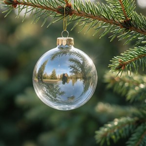 En enkelt glasskule på en furugren, mykt lys. — Estetisk jul Bakgrunner
