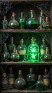Gamle eliksirflasker med grønn glød for en mørk Slytherin-estetikk bakgrunnsbilde. — Slytherin-estetikk Bakgrunner