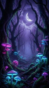 En surrealistisk mørk skog med fluorescerende sopp og uhyggelig blåfiolett glød.
