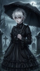 Anime gotisk lolita-gutt på en kirkegård med tåke. — Anime estetisk GIF Bakgrunner