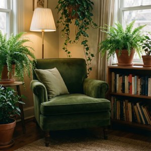 Et koselig innendørsrom med grønne planter og en fløyelsstol, perfekt for avslapning. — Grønn estetisk GIF Bakgrunner