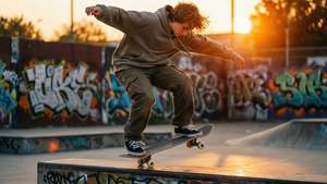 Skater-gutt utfører en kickflip i varmt solnedgangslys med graffiti-bakgrunn.