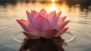 Et fotorealistisk rosa lotusblomst ved solnedgang på stille vann. — Lotusblomst Bakgrunner