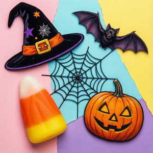 Kunstnerisk kollasj av Halloween-gjenstander på pastellbakgrunn — Halloween-estetikk Bakgrunner