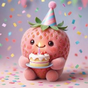 Et jordbær feirer bursdag med kake og konfetti. — Pixel Watch 4 Bakgrunner