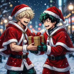 Todoroki og Midoriya feirer jul i nissedrakter