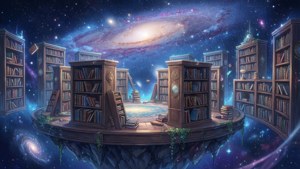 En lun full anime-scene av et flytende bibliotek i verdensrommet — Anime landskap GIF Bakgrunner