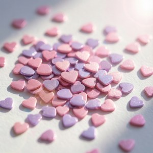 Pastellrosa og lavendelfargede hjerteformede sequins på hvitt, mykt og romantisk. — Huawei nova Flip Bakgrunner