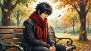 Jin Kazama i en park om høsten, dypt i tanker.