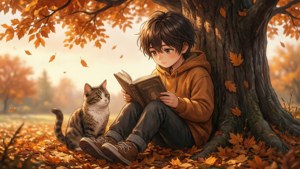 Animebarn som leser en bok med en katt under et tre om høsten. — Anime barn Bakgrunner