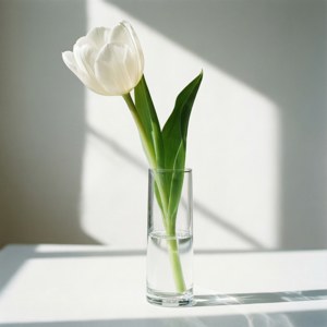 Et enkelt, elegant arrangement av en hvit tulipan i vann, som fremhever renhet og minimalisme. — Blomsterestetikk Bakgrunner