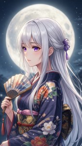 Eterisk anime-jente med hvitt hår og kimono under fullmåne. — Søt anime profilbilde Bakgrunner