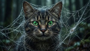 Cheshire-katten fanget i et edderkoppnett med glødende øyne. — Cheshire Cat Bakgrunner