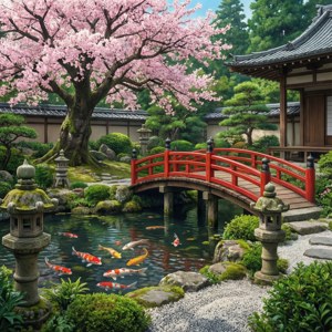 En rolig anime japansk hage med en koi-dam og bro. — Huawei nova Flip S Bakgrunner