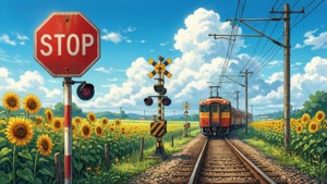 En anime-jernbaneovergang omgitt av solsikkefelt. — 1366x768 Bakgrunner