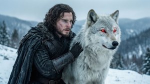 Jon Snow står med sin ulvehund Ghost i snøen — Game of Thrones sesong 8 Bakgrunner