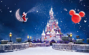 julenissen flyr over et slott med ballonger — Disney jul Bakgrunner