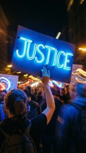 Neon justice-skilt i en lang eksponering nattmarsj. — iPhone 5 Bakgrunner