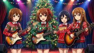 Jentene fra K-On! fremfører en julekonsert på scenen