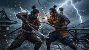 Sekiro kjemper mot Genichiro Ashina under en stormfull himmel.