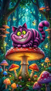 Lunefull Cheshire-katt på en sopp i en fargerik skog med ildfluer. — Cheshire Cat Bakgrunner