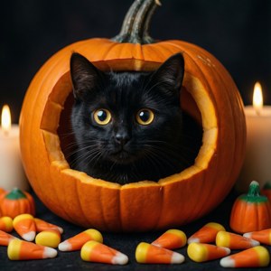 Søt svart katt som titter ut av et gresskar med godterimais. — Søt Halloween Bakgrunner