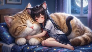 En nekomimi-jente som sover med en diger kattekosedyr — Animekatt Bakgrunner