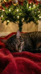 Sovende katt under et juletre med lys. — Koselig julestemning Bakgrunner