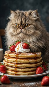En fluffy katt som sitter på en stabel med pannekaker. — Katt Bakgrunner