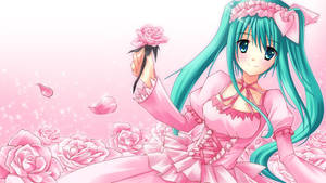 Kawaii Anime Hatsune Miku med rosa kjole og roser