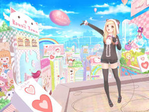 Kawaii Anime-jente omgitt av søte butikker