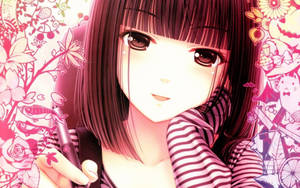 Kawaii Anime-jente som holder penn med tegninger