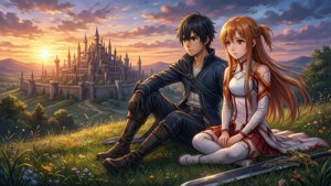 Bakgrunnsbilde av Kirito og Asuna som nyter solnedgangen i Aincrad — Anime par GIF Bakgrunner