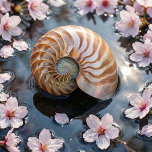 Et ovenfra-blikk av et nautilusskall på vann med kirsebærblomstblader, myke vårfarger. — Pixel Watch 3 Bakgrunner