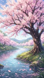 Anime-scene med kirsebærblomster ved en elv med flytende kronblader.