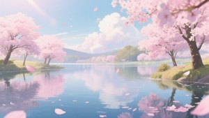 En rolig anime-sjø med kirsebærblomster og myke pastellfarger. — Anime landskap GIF Bakgrunner